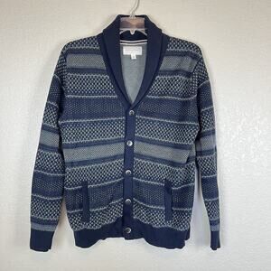 Sun + Stone Men’s Blue Shawl Collar Button Cardigan Sweater Fair Isle Ski Medium